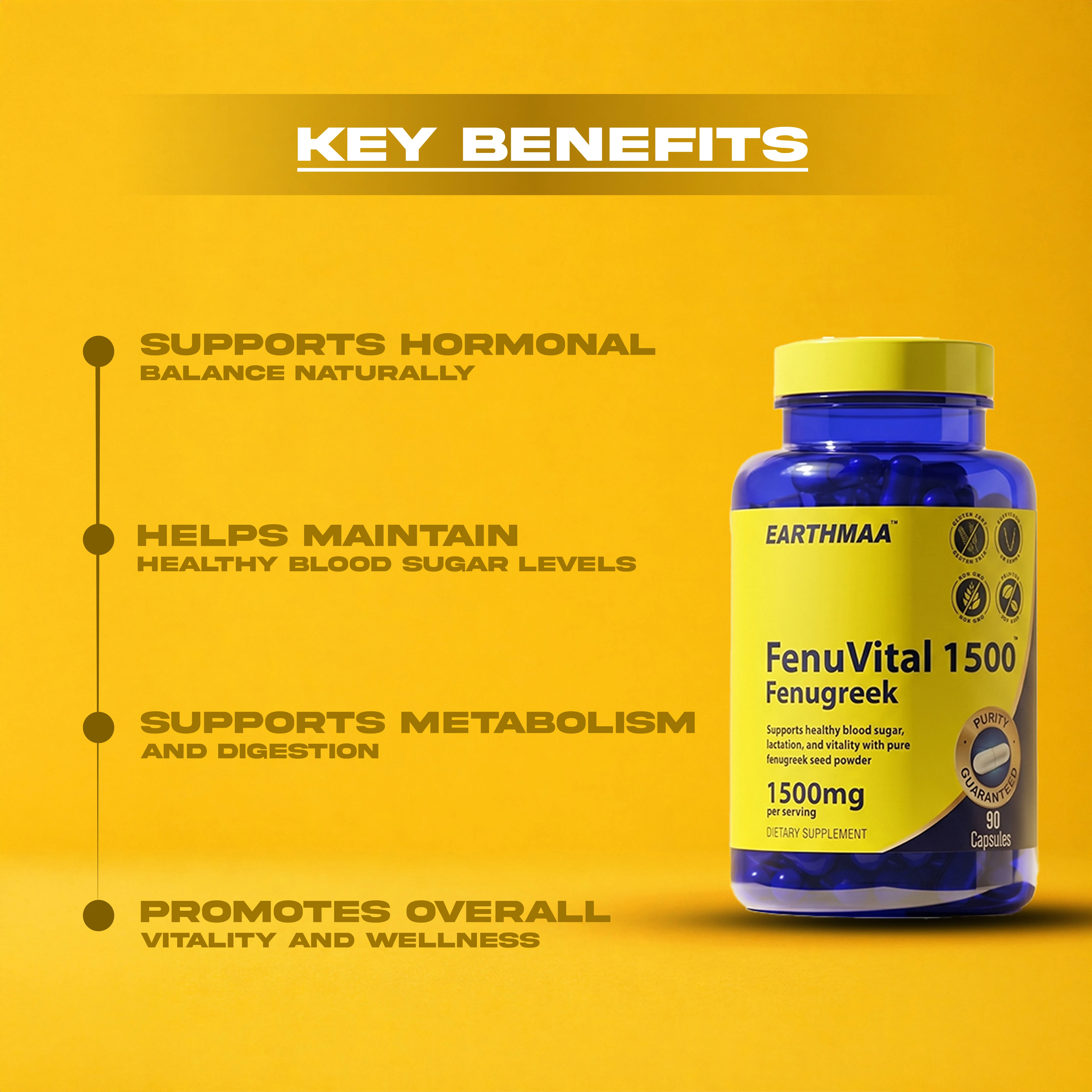 Earthmaa FenuVital 1500 Fenugreek – FenuVital Supplement 1500mg Pure Fenugreek Seed Powder for Blood Sugar, Digestion, Lactation & Vitality Support – 90 Capsules
