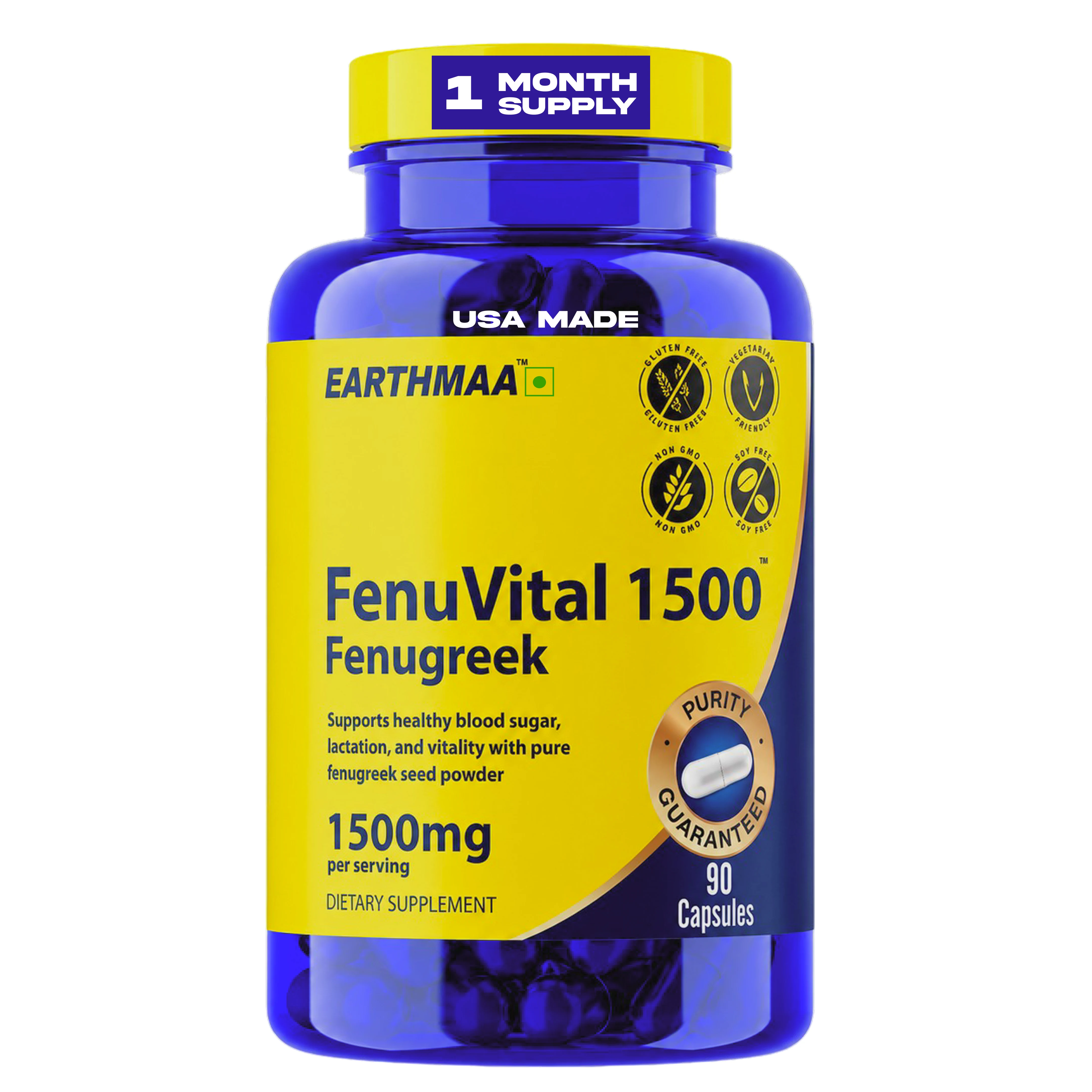 Earthmaa FenuVital 1500 Fenugreek – FenuVital Supplement 1500mg Pure Fenugreek Seed Powder for Blood Sugar, Digestion, Lactation & Vitality Support – 90 Capsules