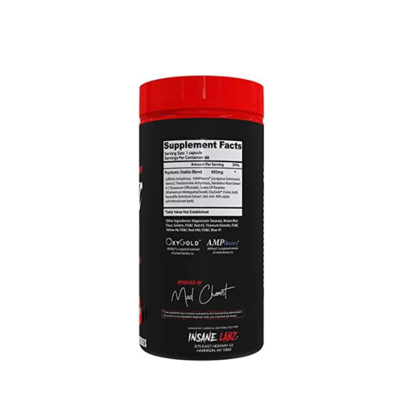 Insane Labz Psychotic Diablo Thermogenic Fat Burner for Men and Women with Grains of Paradise Theobromine Dandelion Root Extract Fueled by AMPiberry, Appetite Suppressant - 60 Servings