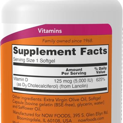 NOW Foods Supplements, Vitamin D-3 5,000 IU, High Potency, Structural Support, 120 Softgels