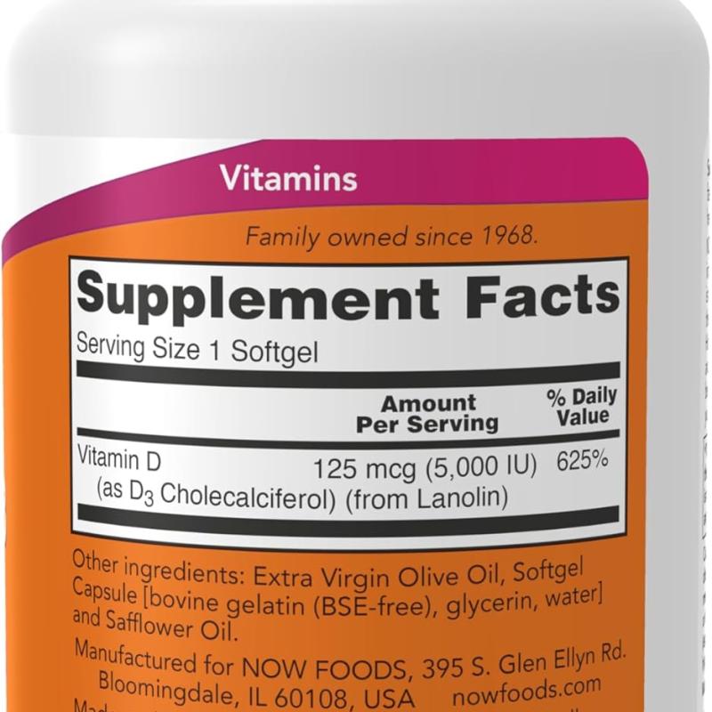NOW Foods Supplements, Vitamin D-3 5,000 IU, High Potency, Structural Support, 120 Softgels