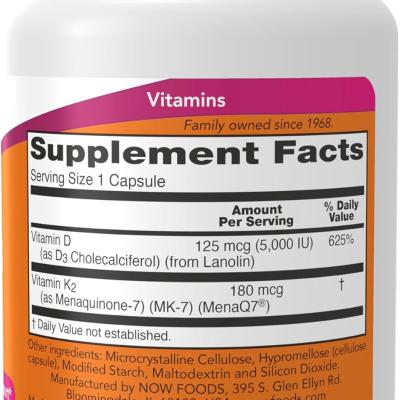 NOW Foods Supplements, Mega D-3 & MK-7 with Vitamins D-3 & K-2, 5,000 IU/180 mcg, Bone & Cardiovascular Support*, 60 Veg Capsules