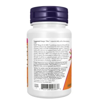 NOW Foods Supplements, Mega D3 & MK-7 with Vitamins D-3 & K-2, 5,000 IU/180 mcg, Bone & Cardiovascular Support