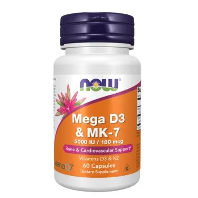 NOW Foods Supplements, Mega D3 & MK-7 with Vitamins D-3 & K-2, 5,000 IU/180 mcg, Bone & Cardiovascular Support