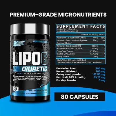 Nutrex Research LIPO-6 Diuretic, Natural Water Loss & Bloat Relief Formula | 80 Capsules