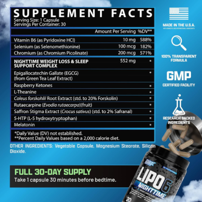 Nutrex Lipo 6 Nighttime Fat Burner | Melatonin Sleep Aid & Weight Loss Diet Pills for Men and Women | Night Time Metabolism Booster Appetite Suppressant | 30 Servings (1)